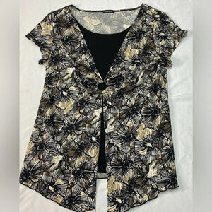Onyx Floral Blouse/ Slit Front with Attached Under Shirt